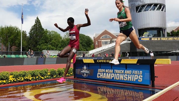 Jun 8, 2024; Eugene, OR, USA; Doris Lemngole of Alabama defeats Olivia Markezich of Notre Dame to win the women's steeplechase in a meet record 9:15.24 during the NCAA Track and Field Championships at Hayward Field. Mandatory Credit: Kirby Lee-Imagn Images Jun 8, 2024; Eugene, OR, USA; Doris Lemngole of Alabama defeats Olivia Markezich of Notre Dame to win the women's steeplechase in a meet record 9:15.24 during the NCAA Track and Field Championships at Hayward Field. Mandatory Credit: Kirby Lee-Imagn Images