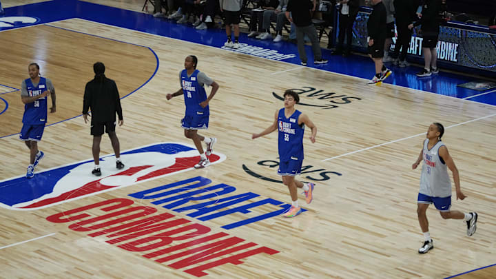 May 12, 2026; Chicago, IL, USA; Players participate in the 2026 NBA Draft Combine at Wintrust Arena. Mandatory Credit: David Banks-Imagn Images May 12, 2026; Chicago, IL, USA; Players participate in the 2026 NBA Draft Combine at Wintrust Arena. Mandatory Credit: David Banks-Imagn Images