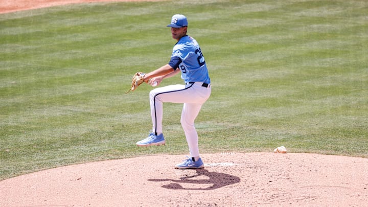 Jun 7, 2025; Chapel Hill, NC, USA; North Carolina pitcher Jason DeCaro (29) pitches the ball during the first inning of the Super Regionals game against Arizona in Chapel Hill, North Carolina. Mandatory Credit: Jaylynn Nash-Imagn Images