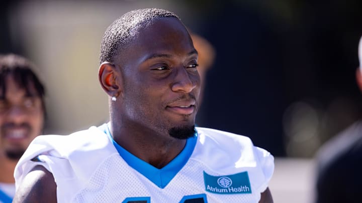 Jul 23, 2025; Charlotte, NC, USA; Carolina Panthers rookie linebacker Nic Scourton (11) walks to the field for Panthers Training Camp. Mandatory Credit: Scott Kinser-Imagn Images