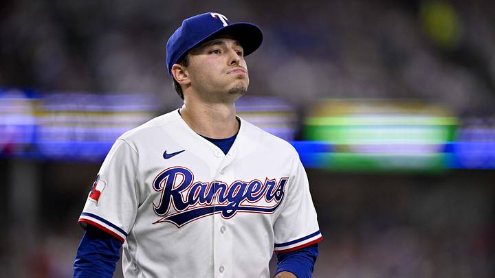 May 9, 2026; Arlington, Texas, USA; Texas Rangers starting pitcher Jack Leiter (22) comes off the field after pitching against the Chicago Cubs during the second inning at Globe Life Field. Mandatory Credit: Jerome Miron-Imagn Images May 9, 2026; Arlington, Texas, USA; Texas Rangers starting pitcher Jack Leiter (22) comes off the field after pitching against the Chicago Cubs during the second inning at Globe Life Field. Mandatory Credit: Jerome Miron-Imagn Images