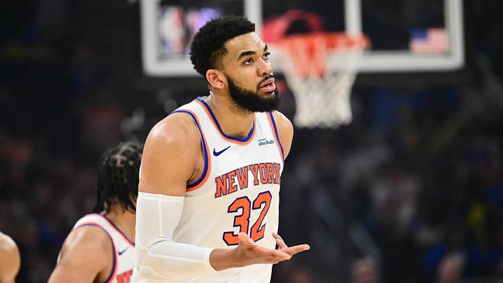 May 25, 2026; Cleveland, Ohio, USA; New York Knicks center Karl-Anthony Towns (32) reacts in the third quarter against the Cleveland Cavaliers during game four of the eastern conference finals for the 2026 NBA playoffs at Rocket Arena. Mandatory Credit: Ken Blaze-Imagn Images