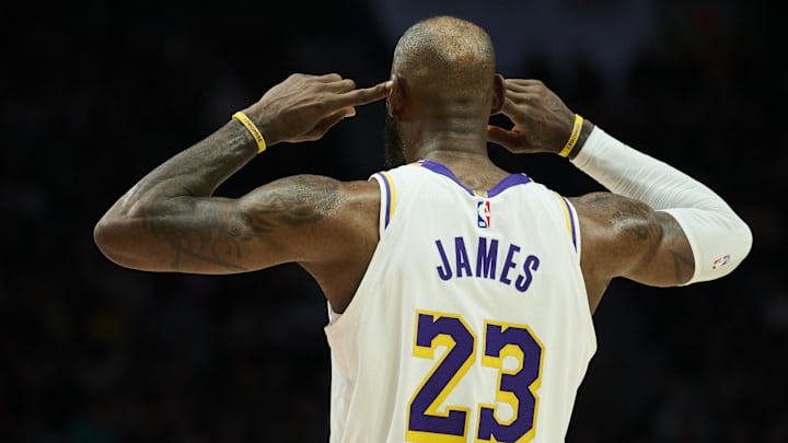 Jan 17, 2026; Portland, Oregon, USA; Los Angeles Lakers forward LeBron James (23) cups his ears as he looks to the coach for a play call during the second half against the Portland Trail Blazers at Moda Center. Mandatory Credit: Troy Wayrynen-Imagn Images Jan 17, 2026; Portland, Oregon, USA; Los Angeles Lakers forward LeBron James (23) cups his ears as he looks to the coach for a play call during the second half against the Portland Trail Blazers at Moda Center. Mandatory Credit: Troy Wayrynen-Imagn Images