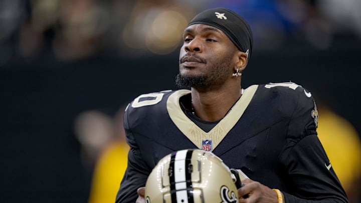 Dec 29, 2024; New Orleans, Louisiana, USA; New Orleans Saints wide receiver Marquez Valdes-Scantling (10) walks the field before a game against the Las Vegas Raiders at Caesars Superdome. Mandatory Credit: Matthew Hinton-Imagn Images