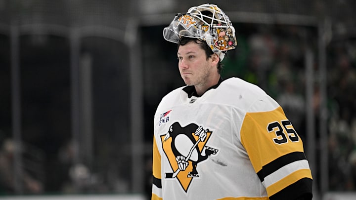 Dec 7, 2025; Dallas, Texas, USA; Pittsburgh Penguins goaltender Tristan Jarry (35) skates back on the ice during the second period against the Dallas Stars at American Airlines Center. Mandatory Credit: Jerome Miron-Imagn Images Dec 7, 2025; Dallas, Texas, USA; Pittsburgh Penguins goaltender Tristan Jarry (35) skates back on the ice during the second period against the Dallas Stars at American Airlines Center. Mandatory Credit: Jerome Miron-Imagn Images