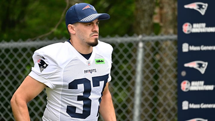 Jun 9, 2025; Foxborough, MA, USA; New England Patriots place kicker John Parker Romo (37) walks to the practice fields at Gillette Stadium. Mandatory Credit: Eric Canha-Imagn Images