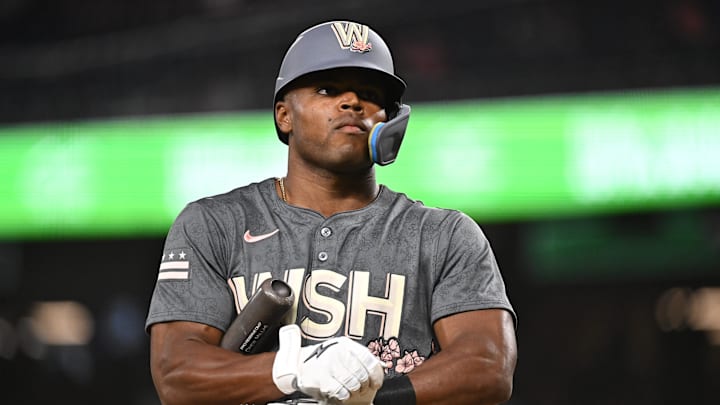 Sep 27, 2024; Washington, District of Columbia, USA; Washington Nationals outfielder Stone Garrett (36) looks toward the crowd during the first inning against the Philadelphia Phillies at Nationals Park. Sep 27, 2024; Washington, District of Columbia, USA; Washington Nationals outfielder Stone Garrett (36) looks toward the crowd during the first inning against the Philadelphia Phillies at Nationals Park.