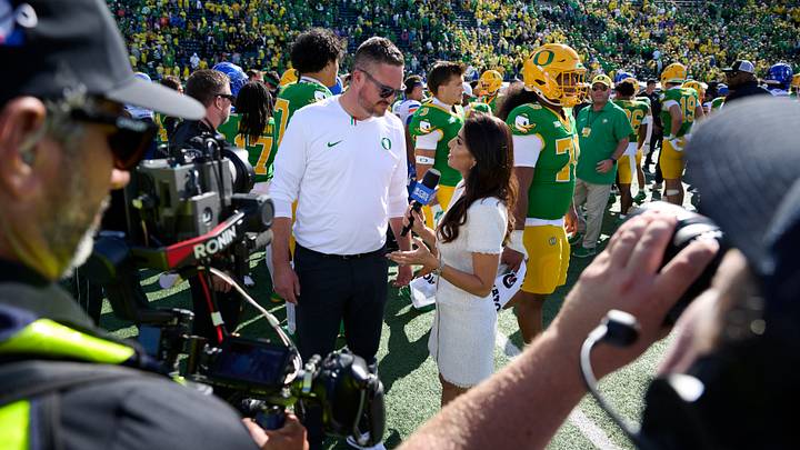Sep 5, 2026; Eugene, Oregon, USA; Oregon Ducks head coach Dan Lanning answers questions during a post game interview after a game against the Boise State Broncos at Autzen Stadium. Mandatory Credit: Troy Wayrynen-Imagn Images