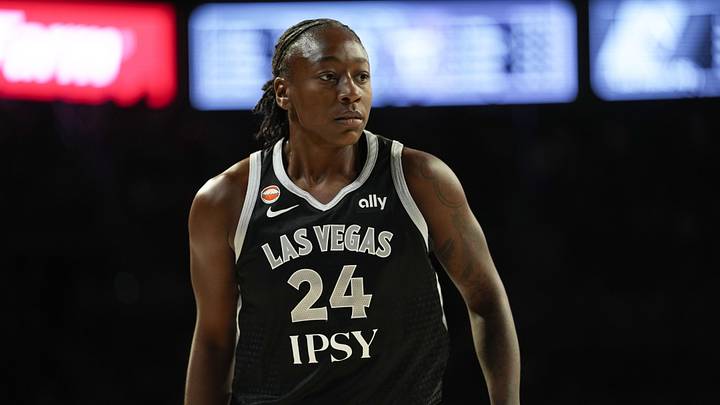 Jun 21, 2026; Las Vegas, Nevada, USA; Las Vegas Aces guard Jewell Loyd (24) during the first quarter of a WNBA basketball game against the Golden State Valkyries at Michelob Ultra Arena. Mandatory Credit: Lucas Peltier-Imagn Images