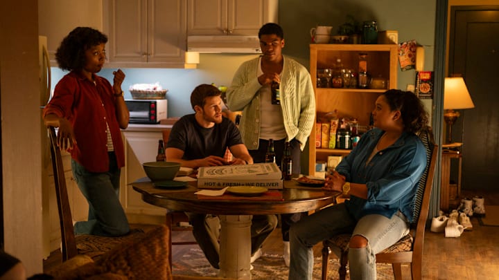 BRILLIANT MINDS -- "The Girl Who Cried Pregnant" Episode 106 -- Pictured: (l-r) Ashleigh LaThrop as Dr. Ericka Kinney, Alex MacNicoll as Dr. Van Markus, Spence Moore II as Dr. Jacob Nash, Aury Krebs as Dr. Dana Dang