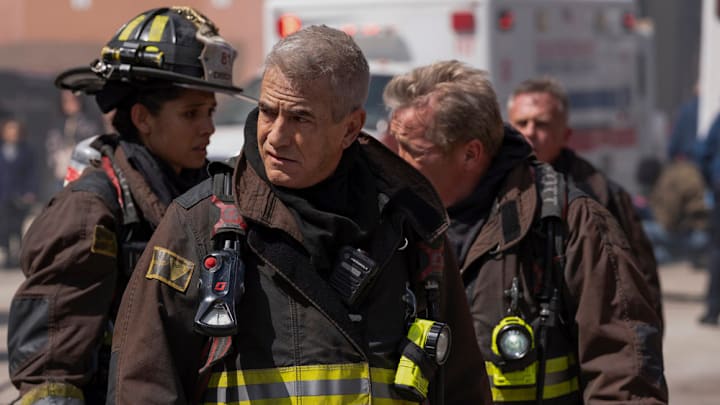 CHICAGO FIRE -- "It Had To End This Way" Episode 13022 -- Pictured: (l-r) Miranda Rae Mayo as Stella Kidd, Dermot Mulroney as Chief Dom Pascal, Christian Stolte as Randy Mouch McHolland -- (Photo by: Peter Gordon/NBC)
