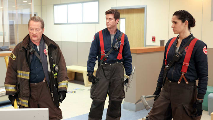 CHICAGO FIRE -- "On The Hook" Episode 12005 -- Pictured: (l-r) Christian Stolte as Randy "Mouch" McHolland, Jake Lockett as Sam Carver, Miranda Rae Mayo as Stella Kidd -- (Photo by: Adrian S Burrows Sr/NBC)