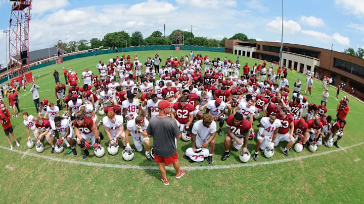 8/14/25 MFB Fall Camp Practice 13 Alabama Football Head Coach Kalen DeBoer The University of Alabama football team Photo by Kent Gidley