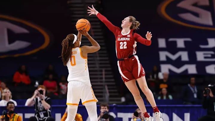 Alabama Guard Karly Weathers (22) plays defense against Tennessee during the Second Round of the SEC Tournament at Bon Secours Wellness Arena in Greenville, South Carolina on Thursday, Mar 5, 2026.