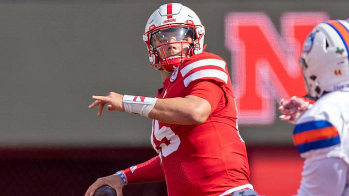 Nebraska quarterback Dylan Raiola has completed 76.6 percent of his passes in 2025.