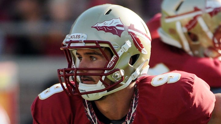April 14, 2012; Tallahassee, FL, USA; Florida State Seminoles quarterback Clint Trickett (9) runs the ball during the second half of the Florida State spring game at Doak Campbell Stadium.  Mandatory Credit: Melina Vastola-Imagn Images