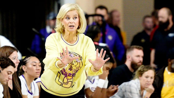 LSU women's basketball coach, Kim Mulkey, during their game against Grambling Sunday afternoon, December 8, 2024, at the Brookshire Grocery Arena in Bossier City. LSU women's basketball coach, Kim Mulkey, during their game against Grambling Sunday afternoon, December 8, 2024, at the Brookshire Grocery Arena in Bossier City.