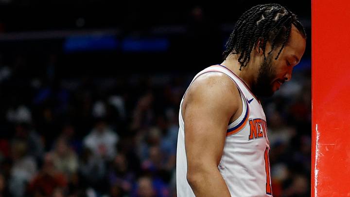 Dec 28, 2024; Washington, District of Columbia, USA; New York Knicks guard Jalen Brunson (11) reacts during a stoppage after missing a shot against the Washington Wizards in the second quarter at Capital One Arena. Mandatory Credit: Geoff Burke-Imagn Images