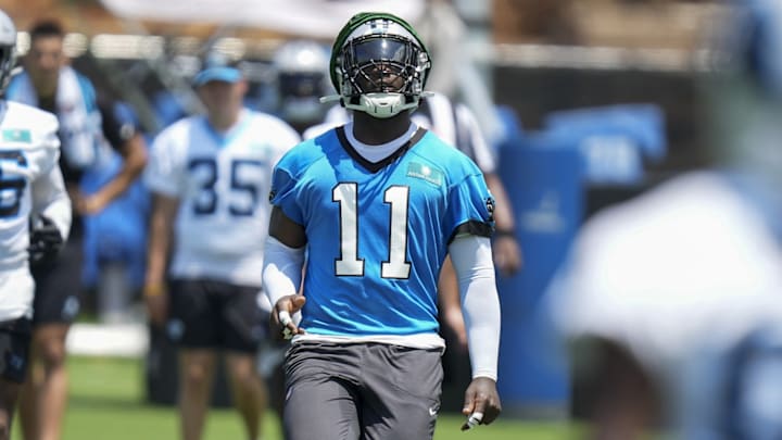 Jun 11, 2025; Charlotte, NC, USA; Carolina Panthers linebacker Nic Scourton (11) during minicamp at Bank of America Stadium.