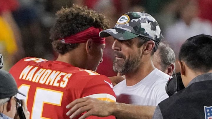 Aug 25, 2022; Kansas City, Missouri, USA; Kansas City Chiefs quarterback Patrick Mahomes (15) and