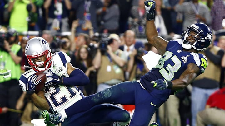 Feb 1, 2015; Glendale, AZ, USA; New England Patriots strong safety Malcolm Butler (21) intercepts a pass in the fourth quarter during Super Bowl XLIX Feb 1, 2015; Glendale, AZ, USA; New England Patriots strong safety Malcolm Butler (21) intercepts a pass in the fourth quarter during Super Bowl XLIX