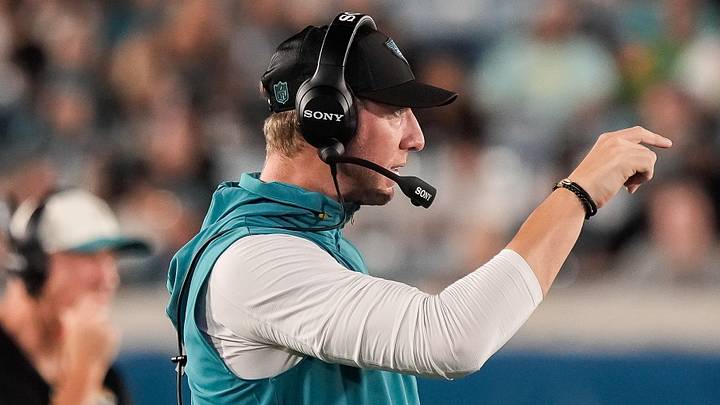 Jacksonville Jaguars head coach Liam Coen coaches from the sideline during the second quarter at EverBank Stadium in the second preseason game on Friday night, August 21, 2026 in Jacksonville, Fla. [Doug Engle/Florida Times-Union]
