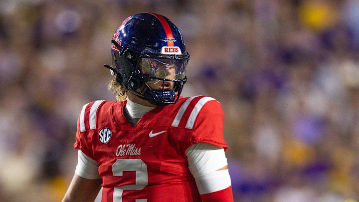 Oct 12, 2024; Baton Rouge, Louisiana, USA;  Mississippi Rebels quarterback Jaxson Dart (2) looks on against the LSU Tigers during the first half at Tiger Stadium. Mandatory Credit: Stephen Lew-Imagn Images