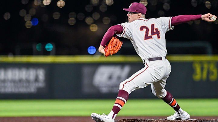 Peyton Smith delivers a pitch against William & Mary in 2026. Peyton Smith delivers a pitch against William & Mary in 2026.