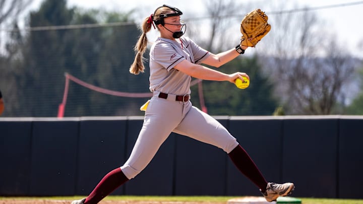 Bree Carrico delivers to the dish against the NC State Wolfpack. Bree Carrico delivers to the dish against the NC State Wolfpack.