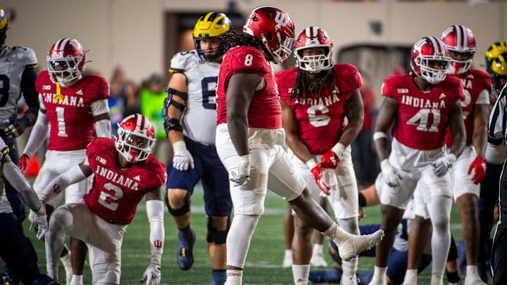 Indiana's CJ West (8) dances after his tackle during the Indiana versus Michigan football game at Memorial Stadium on Friday, Nov. 9, 2024. Indiana's CJ West (8) dances after his tackle during the Indiana versus Michigan football game at Memorial Stadium on Friday, Nov. 9, 2024.
