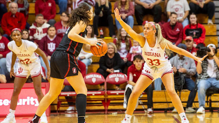 Indiana's Sydney Parrish (33) defends Stanford's Brooke Demetre (21) during the Indiana versus Stanford women's basketball game at Simon Skjodt Assembly Hall on Sunday, Nov. 17, 2024.