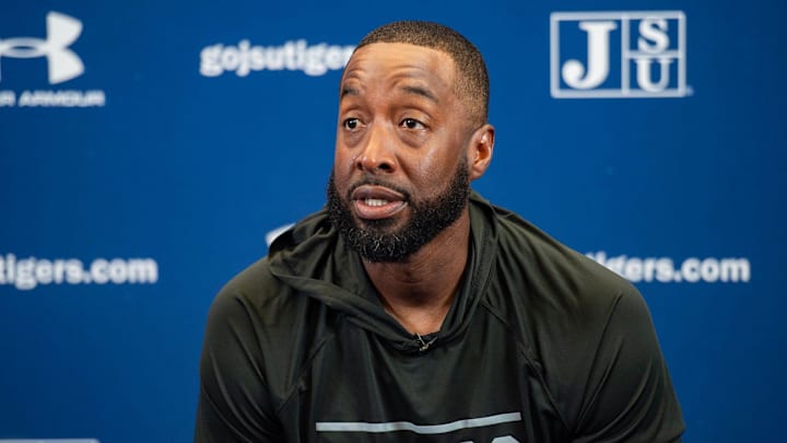 Jackson State football coach T.C. Taylor speaks at a press conference ahead of the first game of the season in Jackson, Miss., on Monday, Aug. 26, 2024. Jackson State football coach T.C. Taylor speaks at a press conference ahead of the first game of the season in Jackson, Miss., on Monday, Aug. 26, 2024.