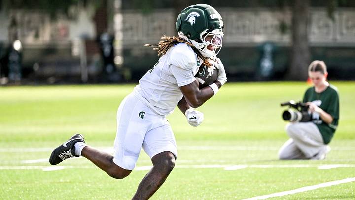 Michigan State receiver Bryson Williams runs after a catch during football practice on Monday, Aug. 17, 2026, in East Lansing. Michigan State receiver Bryson Williams runs after a catch during football practice on Monday, Aug. 17, 2026, in East Lansing.