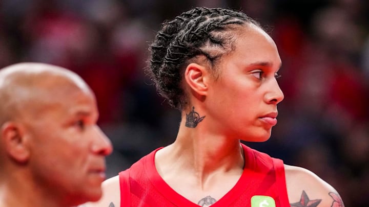 Atlanta Dream center Brittney Griner (42) watches a free throw Tuesday, May 20, 2025, during a game between the Indiana Fever and the Atlanta Dream at Gainbridge Fieldhouse in Indianapolis. The Atlanta Dream defeated the Indiana Fever, 91-90.