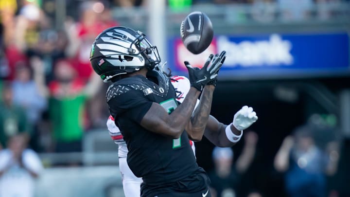 Oregon Ducks wide receiver Evan Stewart hauls in a catch as the No. 3 Oregon Ducks host the No. 2 Ohio State Buckeyes Saturday, Oct. 12, 2024 at Autzen Stadium in Eugene, Ore.