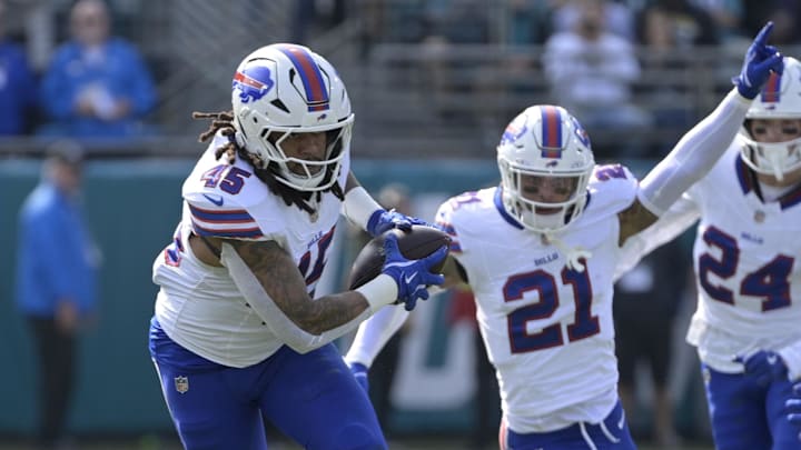 Jan 11, 2026; Jacksonville, FL, USA; Buffalo Bills linebacker Shaq Thompson (45) runs with the ball after an interception against the Jacksonville Jaguars during the first half in an AFC Wild Card Round game at EverBank Stadium. Mandatory Credit: Melina Myers-Imagn Images