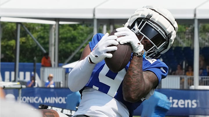East Rutherford, NJ -- August 1, 2024 -- Wide receiver, Malik Nabers makes this TD catch from a Daniel Jones pass during practice today at training camp for the New York Giants.