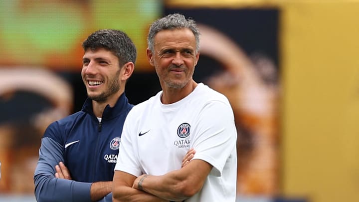[Subscription Customers Only] Jul 13, 2025; East Rutherford, New Jersey, USA; Paris St Germain coach Luis Enrique on the pitch before the final of the 2025 FIFA Club World Cup at MetLife Stadium. Mandatory Credit: Kai Pfaffenbach-Reuters via Imagn Images