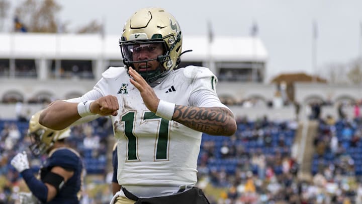 Nov 15, 2025; Annapolis, Maryland, USA; South Florida Bulls quarterback Byrum Brown (17) reacts after scoring a touchdown against the Navy Midshipmen  during the second half at Navy-Marine Corps Memorial Stadium. Navy Midshipmen defeated South Florida Bulls 41-28. Mandatory Credit: Tommy Gilligan-Imagn Images