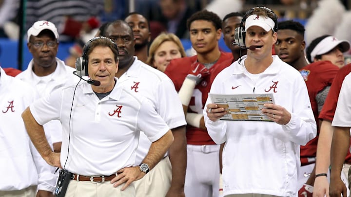 Jan 1, 2015; New Orleans, LA, USA; Alabama Crimson Tide head coach Nick Saban and offensive coordinator Lane Kiffin on the sidelines in the second quarter of the 2015 Sugar Bowl at Mercedes-Benz Superdome. Mandatory Credit: Chuck Cook-Imagn Images