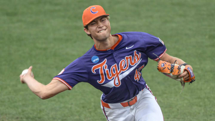 Jun 1, 2024; Clemson, South Carolina, USA; Clemson Tigers pitcher Lucas Mahlstedt (47) throws against the Coastal Carolina Chanticleers during the eighth inning in the Clemson Regional at Doug Kingsmore Stadium. 
