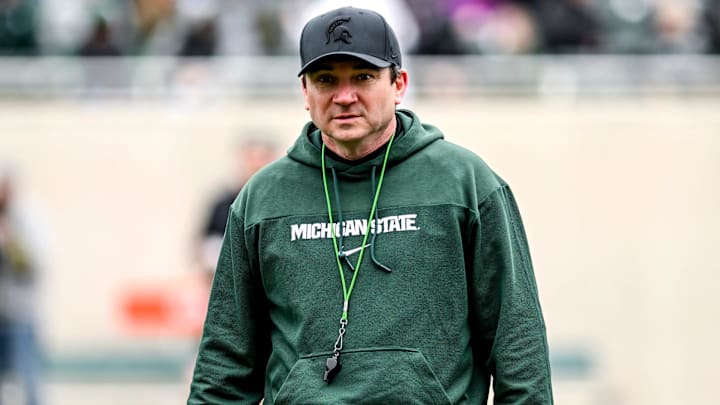Michigan State's head coach Jonathan Smith walks to the sideline during the Spring Showcase on Saturday, April 20, 2024, at Spartan Stadium in East Lansing.