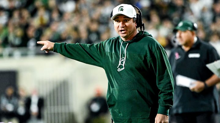 Michigan State's head coach Jonathan Smith calls out to a referee in the second quarter in the game against Iowa on Saturday, Oct. 19, 2024, at Spartan Stadium in East Lansing.
