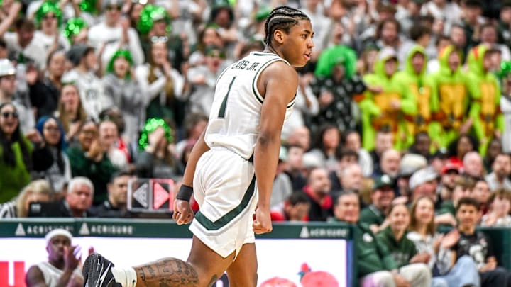 Michigan State's Jeremy Fears Jr. celebrates after an assist to Cam Ward against Ohio State during the second half on Sunday, Feb. 22, 2026, at the Breslin Center in East Lansing. Michigan State's Jeremy Fears Jr. celebrates after an assist to Cam Ward against Ohio State during the second half on Sunday, Feb. 22, 2026, at the Breslin Center in East Lansing.