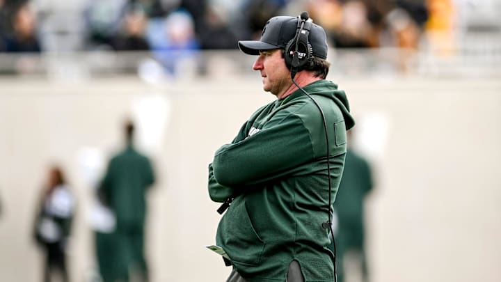 Michigan State's head coach Jonathan Smith looks on during the Spring Showcase on Saturday, April 20, 2024, at Spartan Stadium in East Lansing.