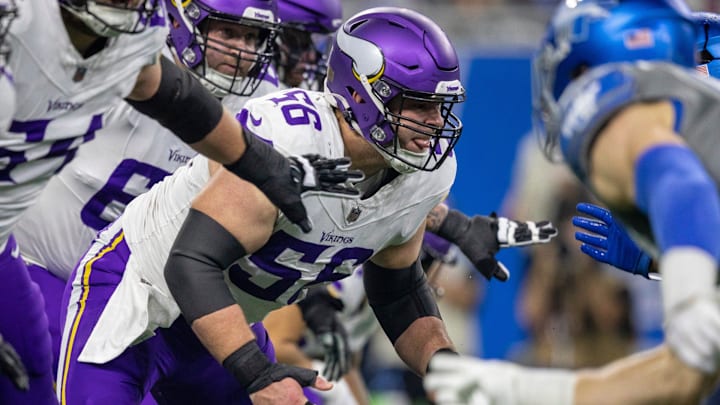 Minnesota Vikings center Garrett Bradbury (56) protects his quarterback during a play against the Detroit Lions defense at Ford Field in Detroit on Sunday, Jan. 7, 2024. Minnesota Vikings center Garrett Bradbury (56) protects his quarterback during a play against the Detroit Lions defense at Ford Field in Detroit on Sunday, Jan. 7, 2024.