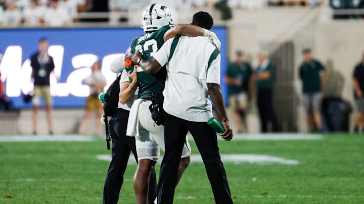 Michigan State linebacker Darius Snow (23) is carried off the field during the first half against Western Michigan at Spartan Stadium in East Lansing on Friday, Sept. 2, 2022. Michigan State linebacker Darius Snow (23) is carried off the field during the first half against Western Michigan at Spartan Stadium in East Lansing on Friday, Sept. 2, 2022.