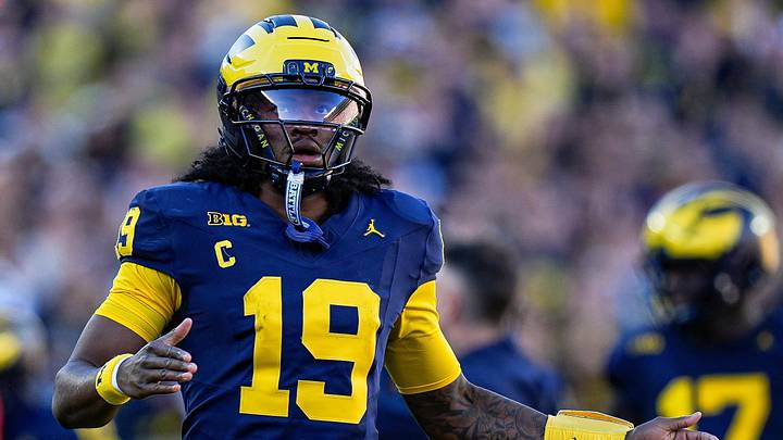 Michigan quarterback Bryce Underwood (19) runs off the field after his pass was intercepted by Penn State during the first half at Michigan Stadium in Ann Arbor on Saturday, Oct. 17, 2026.