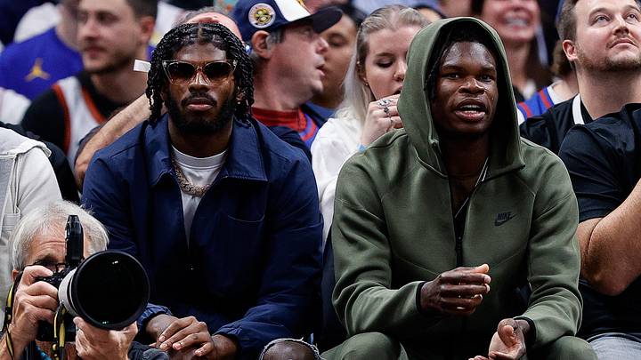 Oct 24, 2023; Denver, Colorado, USA; University of Colorado Buffaloes football players Shedeur Sanders (L) and Travis Hunter (R) watch during the third period between the Denver Nuggets and the Los Angeles Lakers at Ball Arena. Mandatory Credit: Isaiah J. Downing-Imagn Images Oct 24, 2023; Denver, Colorado, USA; University of Colorado Buffaloes football players Shedeur Sanders (L) and Travis Hunter (R) watch during the third period between the Denver Nuggets and the Los Angeles Lakers at Ball Arena. Mandatory Credit: Isaiah J. Downing-Imagn Images