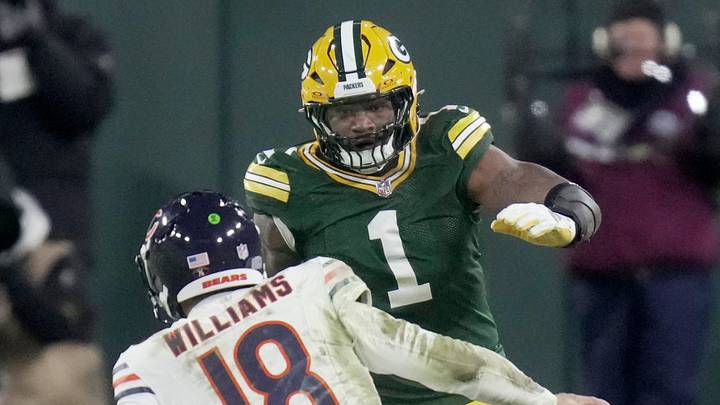 Green Bay Packers defensive end Micah Parsons (1) pressures Chicago Bears quarterback Caleb Williams on Dec. 7. Green Bay Packers defensive end Micah Parsons (1) pressures Chicago Bears quarterback Caleb Williams on Dec. 7.